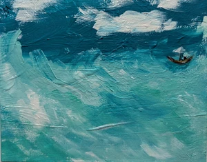 Black Cat Landscape Painting Beach Sailing Original Abstract Art Samantha McLean - Picture 1 of 1