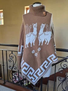 Baby Alpaca Brown Poncho South America One Size Sweater Knit Top Greek Key m s l - Picture 1 of 11