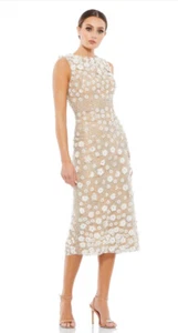 New Mac Duggal FLORAL APPLIQUE SLEEVELESS MIDI DRESS In Ivory/Nude Sz 12 $598 - Imagen 1 de 9