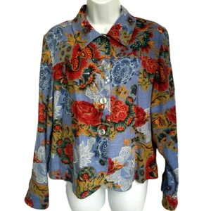 Coldwater Creek Jacket Size M Blue Red Rose Floral Linen Rayon Button Down - Picture 1 of 7