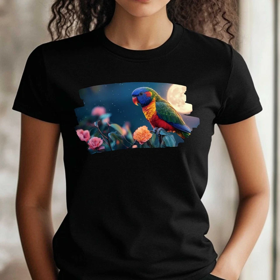 Frauen T-Shirt Regenbogenlori und Vollmond Motiv Baumwolle Größe S bis 3XL - Bild 1 von 1