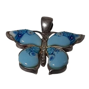 Alan K 925 Sterling Silver Murano Glass Millefiori Blue Butterfly Pendant - Picture 1 of 8