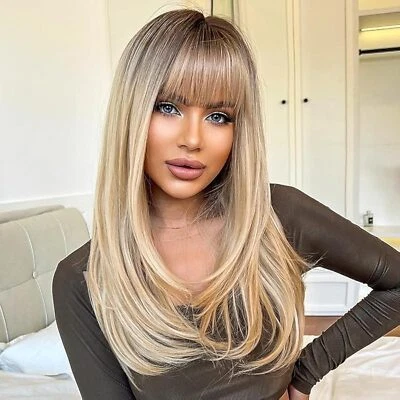 ATOZWIG Long Blonde Wigs for Women Straight Synthetic Layered Wig with Bangs Dark Roots