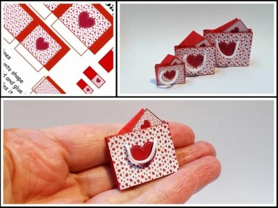 ZENASMINIATURES Puppenhaus Valentinstag Herz Geschenktüte bedrucktes Set Nr2 - ergibt 3