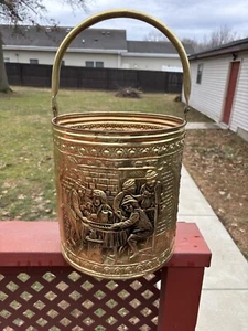 Vintage Brass & metal PAIL BUCKET embossed Pub SCENE England 17.5”T 1960s retro - Picture 1 of 2