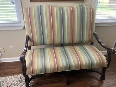 Mahogany & Yellow Stripe upholstered French Style Sofa Settee Love Seat - Image 1 of 4