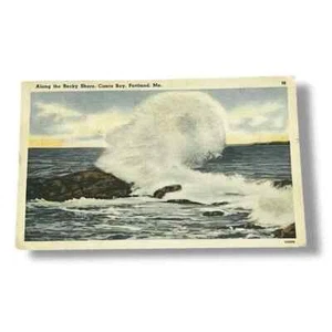 Postal a lo largo de la costa rocosa Casco Bay Portland Maine c1948 lino C746 - Imagen 1 de 2