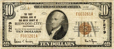 1929 $10 Redwood City, California Small Size National Bank Note Fr #S-2055 - Image 1 of 2
