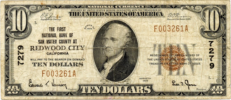 1929 $10 Redwood City, California Small Size National Bank Note Fr #S-2055 - Image 1 of 2