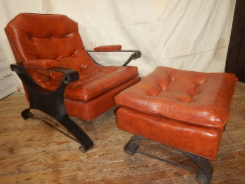 1960's Mid Century Modern Chair & Ottoman Scoop Chair Iron Arms & Legs  stool Cover