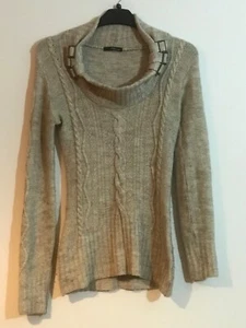 Jane Norman beige Stein langer kuscheliger Pullover Gr. 10 Wasserfallausschnitt Zopfmuster Y2K - Bild 1 von 18