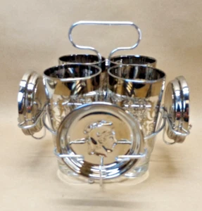MCM Bar Set Kimiko Silver Guardian Highball Tumblers Coasters W/ Caddy Vitreon - Picture 1 of 7