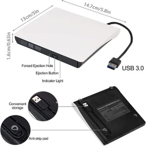 Slim External CD/DVD Drive USB 3.0 Player Burner Reader for Laptop PC Mac HP UK - Picture 1 of 22