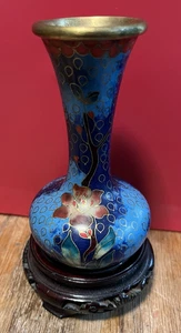 Vintage Chinese Cloisonne Brass & Enamel Floral Vase 4.5 inches with WoodenStand - Picture 1 of 4