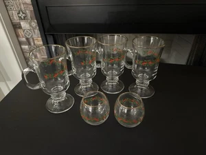 Vintage Libbey Irish Kaffeetassen (4) Weihnachten mit 2 Votivtassen Stechpalme/Beeren - Bild 1 von 6