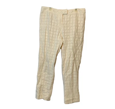 Emanuel Ungaro Linen Silk Pants Neutral Eyelet Straight Leg Resort Vacation  - Imagem 1 de 4