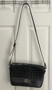 Vtg. Dooney & Bourke Crocodile Embossed Leather Flap Snap Black Crossbody Purse - Picture 1 of 19