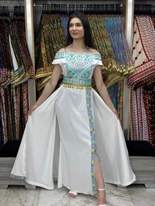 Luxury Blue Embroidered Tatreez Short Sleeves Maxi Thob White 2 layer-Dress - Picture 1 of 4