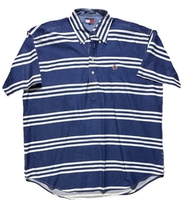 Tommy Hilfiger Men’s L Striped Polo Shirt Blue White Crest Logo 90s Y2K Preppy - Picture 1 of 9