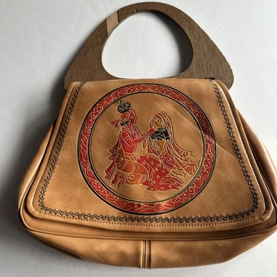 Jaclyn Vtg Leather-look Purse Handbag Wooden Handle Hindi Embossed Couple 70s - Image 1 of 4
