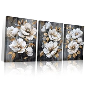 WANGTIAO 3 Panels Vintage Framed Canvas Wall Art for Living Room, Grey White - Picture 1 of 7