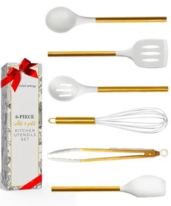 White & Gold 6-Piece Silicone Kitchen Utensils Set Cooking, Mixing, Serving &... - Picture 1 of 9