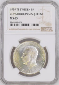 :1959 T S 5-KRONOR SWEDEN KM# 830 NGC CHOICE-BU MS-63 GUSTAF-VI HIGHEST-GRADES - Picture 1 of 2