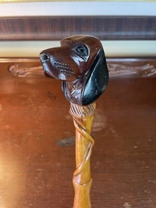 Antique Canadian Primitive Basset Hound Dog Carved Wooden Walking Cane - 37.5" - Picture 1 of 9
