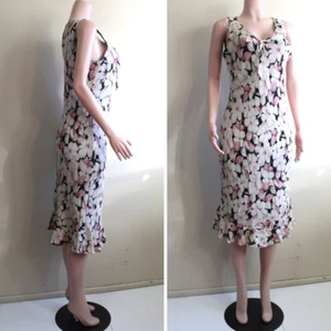 Nine West 12 L Silk Slip Dress Bias Cut Pink Ivory Floral Sleeveless Ruffle Hem - Picture 1 of 10