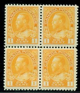 Canada #105. 1 cent. Mint Never Hinged. Block of 4. Very Fine. Catalog $340