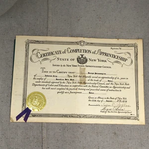 1951 Certificate of Completion of Apprenticeship New York State Journeyman Baker - Picture 1 of 5