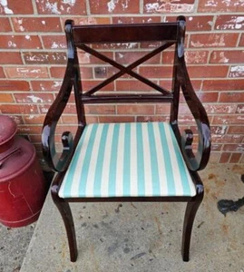 Vintage Regency Mahogany ArmChair Curved Arms Striped Upholstered Seat #1 - Picture 1 of 9