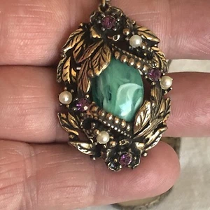Vintage Jugendstil Halskette Tschechische Jade / Lila Strass / Kunstperlen Messing C1 - Bild 1 von 7