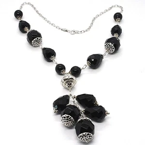 Collar Plata 925 , Ónix Negro Redondo, Gota, Racimo Colgante - Imagen 1 de 8