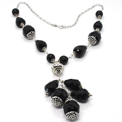 COLLANA ARGENTO 925, ONICE NERA TONDA, GOCCIA, GRAPPOLO PENDENTE - Immagine 1 di 4