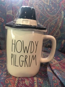 New Rae Dunn Howdy Pilgrim Mug Topper Black White Thanksgiving Table - Picture 1 of 6