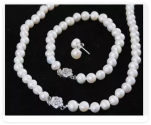 7-8mm Natural White Cultured Pearl Necklace 18" + Bracelet 7.5" + Earrings Set - Picture 1 of 5