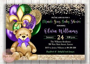 Bear Mardi Gras Baby Shower Invitation, Teddy Bear, Boy, Girl, Baby, Shower