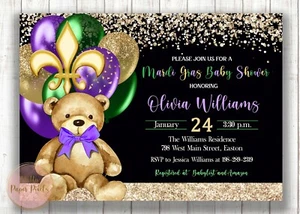 Bear Mardi Gras Baby Shower Invitation, Teddy Bear, Boy, Girl, Baby, Shower - Picture 1 of 1