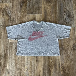 Vintage 70s Nike T Shirt Size Large Grey Logo Swoosh Half Shirt Crop Top USA - Bild 1 von 9