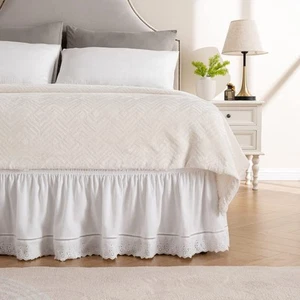 Wrap Around Ruffled Lace Bed Skirt, Elastic Dust Ruffle with Adjustable Belts... - Picture 1 of 6