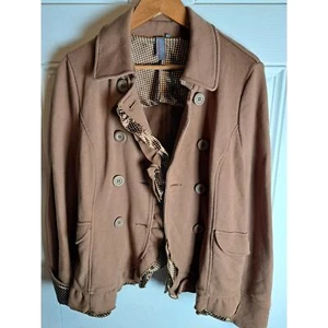 Ambition Ruffled Knit Double Breasted Jacket Brown Polka Dots Womens SZ LG Boho - Picture 1 of 8