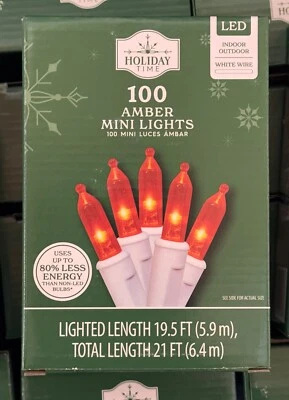 NEW! Holiday Time 100 AMBER Mini LED Christmas Lights Strand WHITE Wire - Image 1 of 4