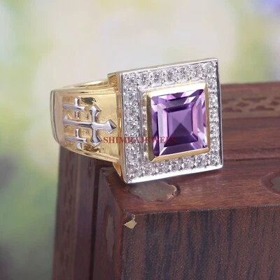 Anello Da Uomo In Argento Placcato Oro 18k Con Gemma Naturale Di Ametista #1788 - Immagine 1 di 4
