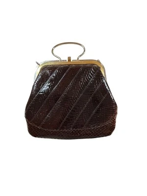 Винтажный коричневый лоскутное одеяло змеиной кожи женщины верхняя ручка сумка, золотой Дамская сумка, сделано в Испании - Изображение 1 из 4