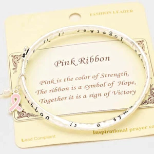 Silver twisted pink ribbon and pearl charm bangle bracelet - Picture 1 of 1