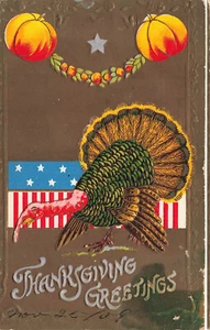 VINTAGE PATRIOTIC THANKSGIVING POSTCARD TURKEY WITH FLAG AND PUMPKINS 111422 R - Picture 1 of 2