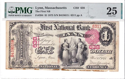 $1 1875 National LYNN Massachusetts MA 🇺🇸 PMG 25 Very Fine! 🇺🇸 - Image 1 of 2