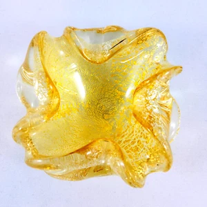 Glass Dish Bowl Ashtray Yellow Gold Art Trinket With Gold Flecks Read - Picture 1 of 12