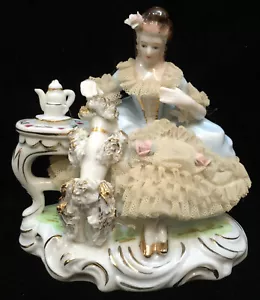 Victorian Woman Porcelain Figurine Sitting at Vanity Dressing Table Vintage Lace - Picture 1 of 10